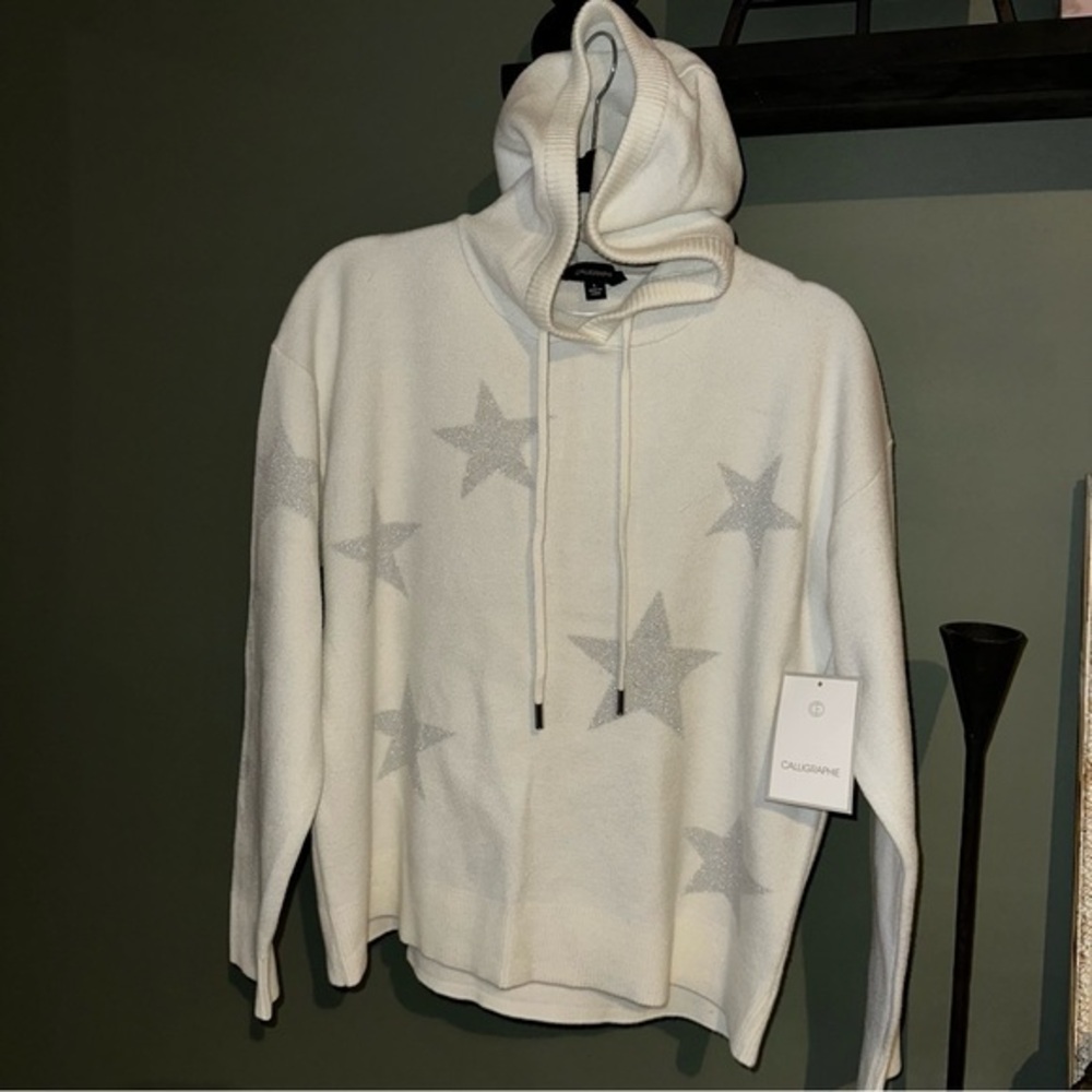 NWT CALLIGRAPHIE BY ANTHROPOLOGIE White Hooded Silver Star Sweater Sz L